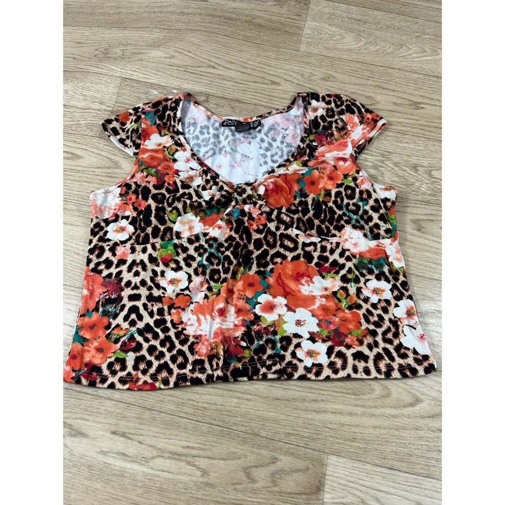 Poly & Esther Cap Sleeve Top Womens XL Leopard Floral Print Brown Orange V-Neck